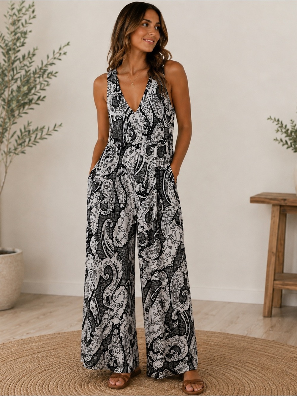 Shoreline Paisley Wide Leg Jumpsuit | Size XL | Black & White | Boho
